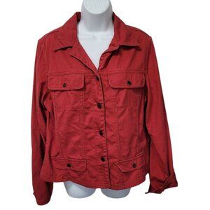 CHADWICKS Red Jean Style Cotton Jacket 16 Front Pockets Buttons Trucker